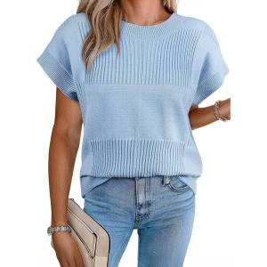 image:imageEVALESS Short Sleeve Sweater for Women Crewneck Color Block Knit Tops 2026 Spring Trendy Cap Sleeve Sweater VestSky Blue
