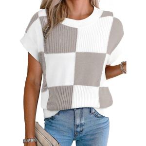 image:imageEVALESS Short Sleeve Sweater for Women Crewneck Color Block Knit Tops 2026 Spring Trendy Cap Sleeve Sweater VestWhite