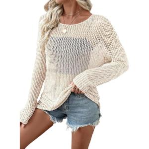 image:imageEVALESS Womens Sweaters Casual 2026 Spring Summer Crochet Hollow Out Tops Crewneck Long Sleeve Beach Cover Ups Cruise Outfits1a White