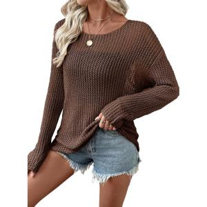image:imageEVALESS Womens Sweaters Casual 2026 Spring Summer Crochet Hollow Out Tops Crewneck Long Sleeve Beach Cover Ups Cruise OutfitsCoffee