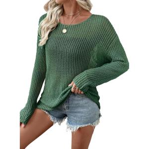 image:imageEVALESS Womens Sweaters Casual 2026 Spring Summer Crochet Hollow Out Tops Crewneck Long Sleeve Beach Cover Ups Cruise OutfitsDark Green