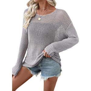 image:imageEVALESS Womens Sweaters Casual 2026 Spring Summer Crochet Hollow Out Tops Crewneck Long Sleeve Beach Cover Ups Cruise OutfitsLight Grey
