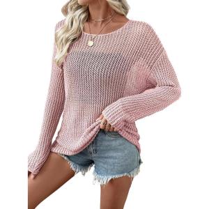 image:imageEVALESS Womens Sweaters Casual 2026 Spring Summer Crochet Hollow Out Tops Crewneck Long Sleeve Beach Cover Ups Cruise OutfitsLight Pink