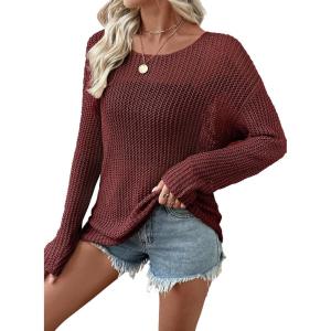 image:imageEVALESS Womens Sweaters Casual 2026 Spring Summer Crochet Hollow Out Tops Crewneck Long Sleeve Beach Cover Ups Cruise OutfitsWine Red
