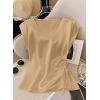 image:imageEVALESS Satin Blouses for Women Dressy Casual Silk V Neck Cap Sleeve Pleated Shirts Business Work TopsCamel