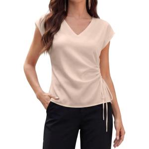 image:imageEVALESS Satin Blouses for Women Dressy Casual Silk V Neck Cap Sleeve Pleated Shirts Business Work TopsApricot