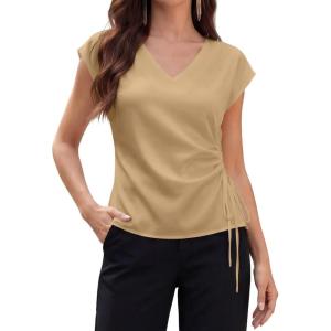 image:imageEVALESS Satin Blouses for Women Dressy Casual Silk V Neck Cap Sleeve Pleated Shirts Business Work TopsCamel