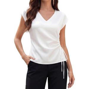 image:imageEVALESS Satin Blouses for Women Dressy Casual Silk V Neck Cap Sleeve Pleated Shirts Business Work TopsWhite