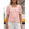 image:imageEVALESS Tops for Women Short Sleeve Tunic Blouse Square Neck Gingham Tops Cotton Blend Plaid Shirt Cute Checkered ShirtPink