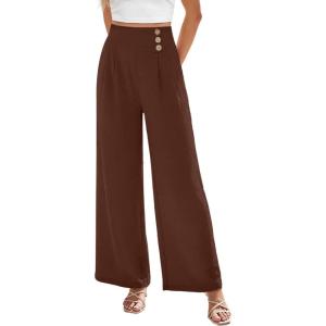 image:imageEVALESS Womens High Waisted Button Pleated Wide Leg Pants Beach Vacation TrousesChicory Coffee
