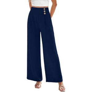 image:imageEVALESS Womens High Waisted Button Pleated Wide Leg Pants Beach Vacation TrousesDirty Blue
