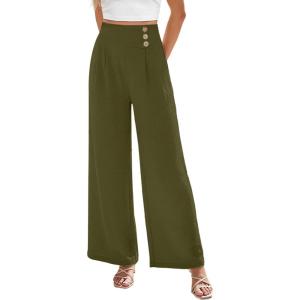 image:imageEVALESS Womens High Waisted Button Pleated Wide Leg Pants Beach Vacation TrousesMoss Green