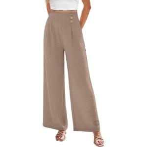 image:imageEVALESS Womens High Waisted Button Pleated Wide Leg Pants Beach Vacation TrousesSimply Taupe