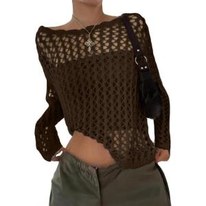 image:imageEVALESS Off The Shoulder Loose Knit Summer Sweater for Women Beach Vacation Clothes for Women Trendy 2026Brown