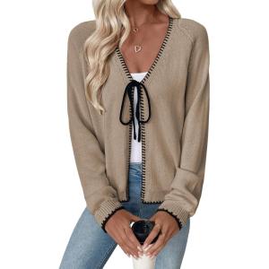 image:imageEVALESS Womens Cardigan Sweaters Trendy V Neck Long Sleeve Open Front Bow Tie Knit Chunky Lightweight Fall OuterwearParchment