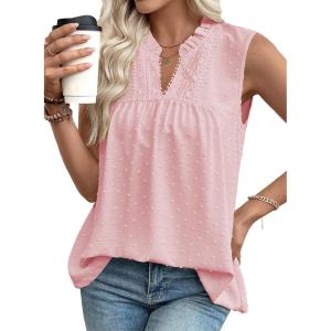 image:imageEVALESS Womens Tops Lace V Neck Dressy Casual Sleeveless Blouses Elegant Swiss Dot Smocked Shirts Spring FashionLight Pink