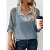image:imageEVALESS Womens Spring Fashion 2026 Womens Long Sleeve Shirts Patchwork Button Up V Neck Sweatshirt Casual Pullover TopsDusk Blue
