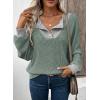 image:imageEVALESS Womens Spring Fashion 2026 Womens Long Sleeve Shirts Patchwork Button Up V Neck Sweatshirt Casual Pullover TopsGrass Green