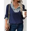image:imageEVALESS Womens Spring Fashion 2026 Womens Long Sleeve Shirts Patchwork Button Up V Neck Sweatshirt Casual Pullover TopsNavy Blue