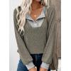 image:imageEVALESS Womens Spring Fashion 2026 Womens Long Sleeve Shirts Patchwork Button Up V Neck Sweatshirt Casual Pullover TopsSimply Taupe