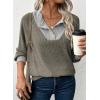 image:imageEVALESS Womens Spring Fashion 2026 Womens Long Sleeve Shirts Patchwork Button Up V Neck Sweatshirt Casual Pullover TopsSimply Taupe