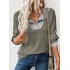 image:imageEVALESS Womens Spring Fashion 2026 Womens Long Sleeve Shirts Patchwork Button Up V Neck Sweatshirt Casual Pullover TopsSimply Taupe