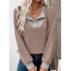 image:imageEVALESS Womens Spring Fashion 2026 Womens Long Sleeve Shirts Patchwork Button Up V Neck Sweatshirt Casual Pullover TopsTawny