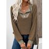 image:imageEVALESS Womens Spring Fashion 2026 Womens Long Sleeve Shirts Patchwork Button Up V Neck Sweatshirt Casual Pullover TopsWalnut Brown