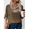 image:imageEVALESS Womens Spring Fashion 2026 Womens Long Sleeve Shirts Patchwork Button Up V Neck Sweatshirt Casual Pullover TopsWalnut Brown