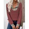 image:imageEVALESS Womens Spring Fashion 2026 Womens Long Sleeve Shirts Patchwork Button Up V Neck Sweatshirt Casual Pullover TopsWine