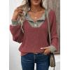 image:imageEVALESS Womens Spring Fashion 2026 Womens Long Sleeve Shirts Patchwork Button Up V Neck Sweatshirt Casual Pullover TopsWine