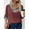 image:imageEVALESS Womens Spring Fashion 2026 Womens Long Sleeve Shirts Patchwork Button Up V Neck Sweatshirt Casual Pullover TopsWine