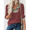 image:imageEVALESS Womens Spring Fashion 2026 Womens Long Sleeve Shirts Patchwork Button Up V Neck Sweatshirt Casual Pullover TopsWine