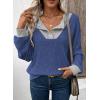image:imageEVALESS Womens Spring Fashion 2026 Womens Long Sleeve Shirts Patchwork Button Up V Neck Sweatshirt Casual Pullover TopsWinter Blue