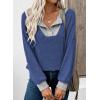 image:imageEVALESS Womens Spring Fashion 2026 Womens Long Sleeve Shirts Patchwork Button Up V Neck Sweatshirt Casual Pullover TopsWinter Blue