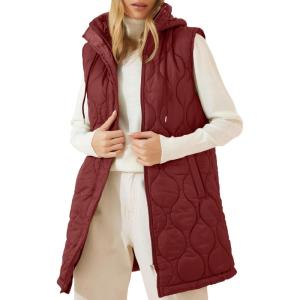 image:imageEVALESS Long Puffer Vest Women Sleeveless Hooded Puffer Jacket Lightweight Quilted Jackets Winter Warm Zip Up Coat OuterwearRacing Red