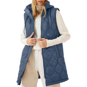 image:imageEVALESS Long Puffer Vest Women Sleeveless Hooded Puffer Jacket Lightweight Quilted Jackets Winter Warm Zip Up Coat OuterwearSail Blue