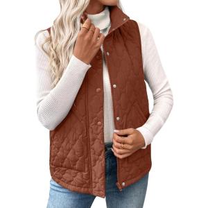 image:imageEVALESS Womens Puffer Vest Lightweight Stand Collar Sleeveless Cropped Quilted Jackets Button Fall Zip Up Coat OuterwearCinnamon
