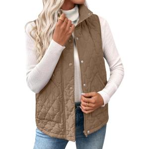 image:imageEVALESS Womens Puffer Vest Lightweight Stand Collar Sleeveless Cropped Quilted Jackets Button Fall Zip Up Coat OuterwearLight Brown