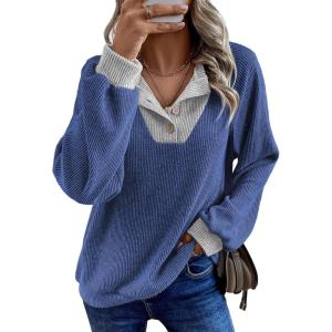 image:imageEVALESS Womens Spring Fashion 2026 Womens Long Sleeve Shirts Patchwork Button Up V Neck Sweatshirt Casual Pullover TopsWinter Blue