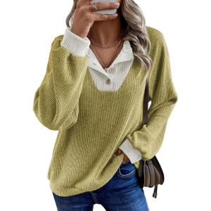 image:imageEVALESS Womens Spring Fashion 2026 Womens Long Sleeve Shirts Patchwork Button Up V Neck Sweatshirt Casual Pullover TopsYellow