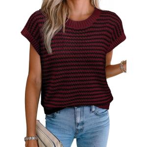 image:imageEVALESS Womens Sweater Vest Striped Pullover Tank Top Round Neck Cap Sleeve Lightweight 2026 Summer Casual ClothesBurgundy Stripe