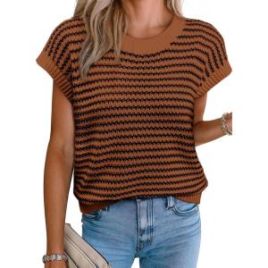 image:imageEVALESS Womens Sweater Vest Striped Pullover Tank Top Round Neck Cap Sleeve Lightweight 2026 Summer Casual ClothesDark Brown Stripe
