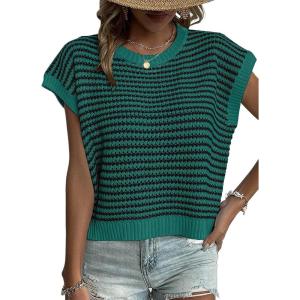 image:imageEVALESS Womens Sweater Vest Striped Pullover Tank Top Round Neck Cap Sleeve Lightweight 2026 Summer Casual ClothesDark Green Stripe