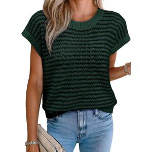 image:imageEVALESS Womens Sweater Vest Striped Pullover Tank Top Round Neck Cap Sleeve Lightweight 2026 Summer Casual ClothesDeep Green Stripe