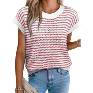 image:imageEVALESS Womens Sweater Vest Striped Pullover Tank Top Round Neck Cap Sleeve Lightweight 2026 Summer Casual ClothesRed Stripe