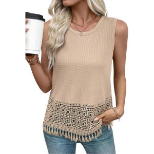 image:imageEVALESS Womens Tank Tops Casual Summer Waffle Knit Lace Crochet Boho Crewneck Sleeveless Loose Vacation Beach Vest ShirtsOatmeal