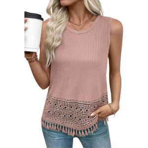 image:imageEVALESS Womens Tank Tops Casual Summer Waffle Knit Lace Crochet Boho Crewneck Sleeveless Loose Vacation Beach Vest ShirtsSepia Rose