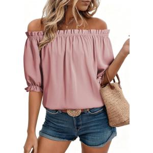 image:imageEVALESS Womens Tops Off The Shoulder Blouses for Women Dressy Casual Cute Puff Sleeve T Shirts Fashion 2026Apricot Pink