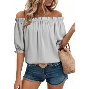 image:imageEVALESS Womens Tops Off The Shoulder Blouses for Women Dressy Casual Cute Puff Sleeve T Shirts Fashion 2026Light Grey